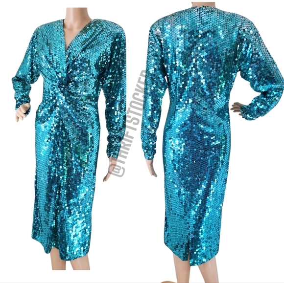Vintage 80s Oleg Cassini Sequin Teal Dress - Picture 3 of 8